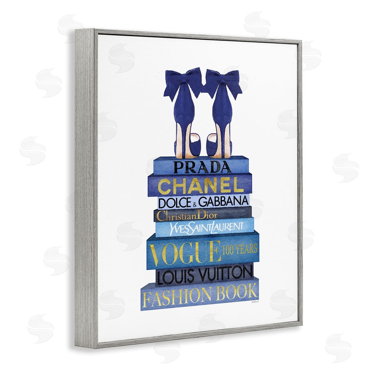 Blue Bow Heels on Bookstack Grey Frame Print Wall Art, Home Decor by Amanda Greenwood