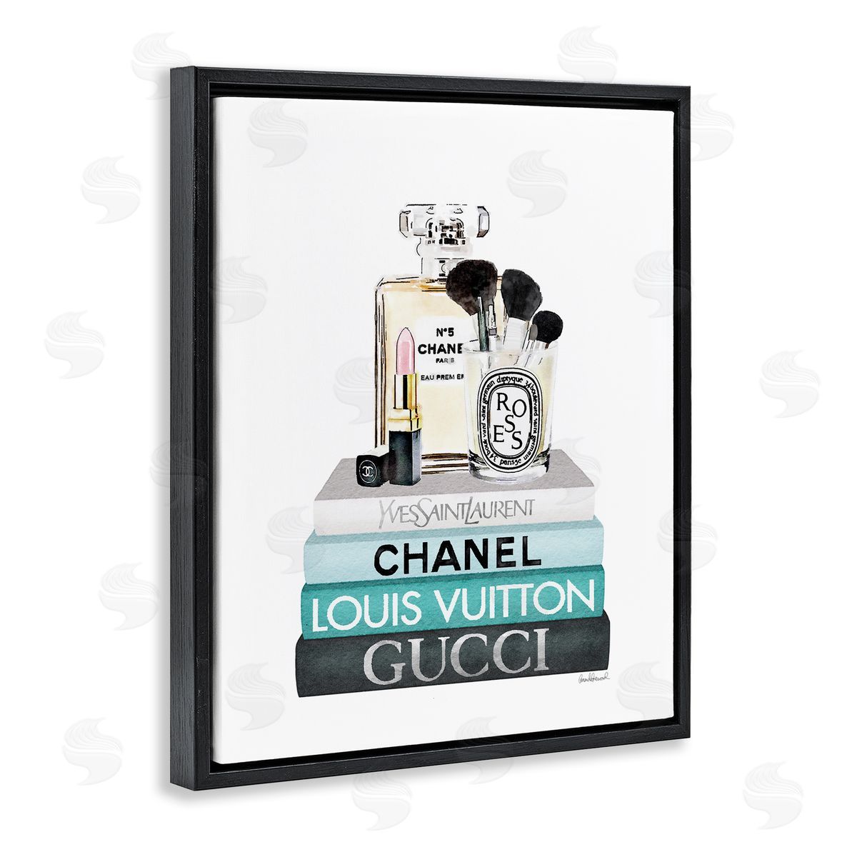 Cosmetics on Turquoise Books Black Floating Frame Canvas Wall Art, Home Decor by Amanda Greenwood