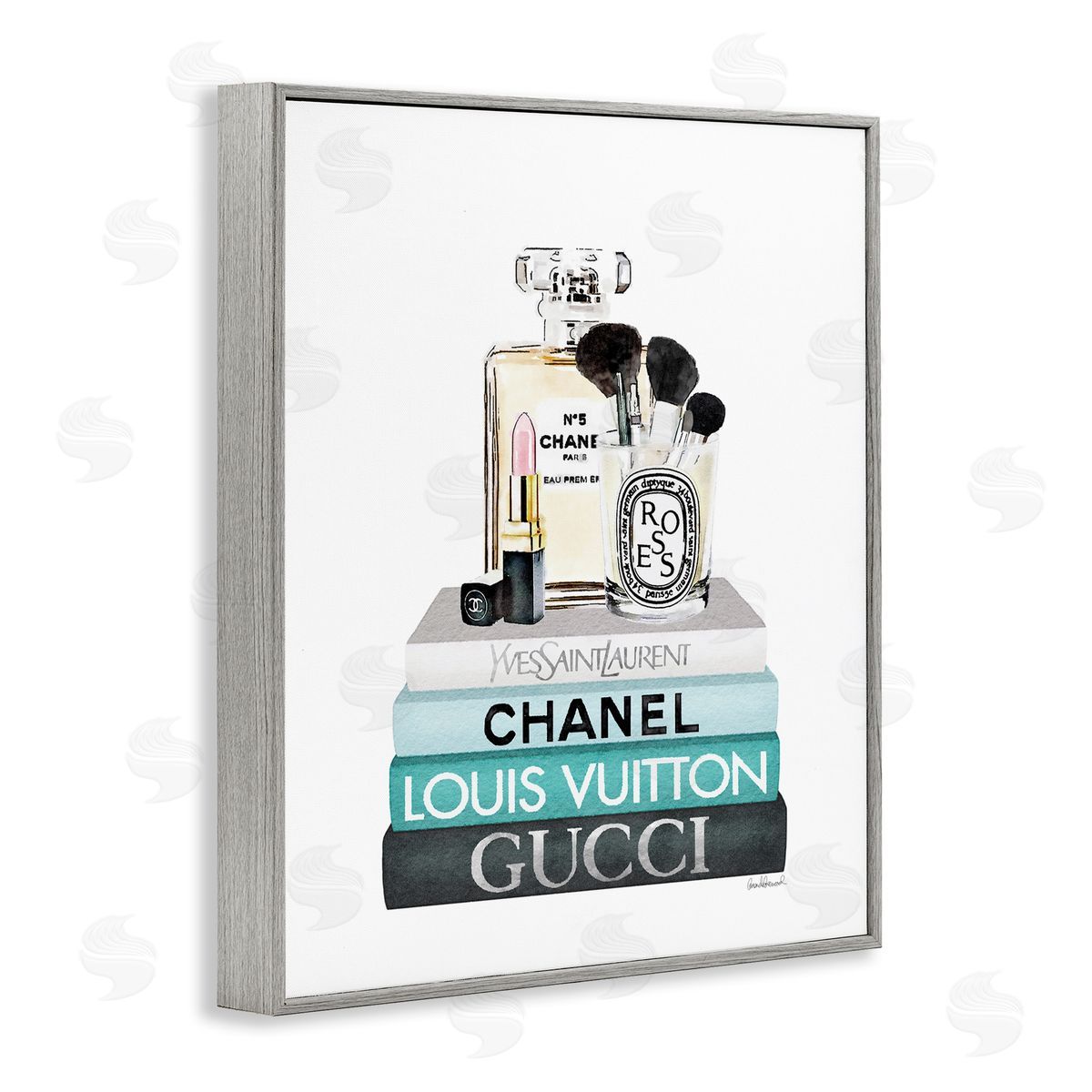Cosmetics on Turquoise Books Grey Frame Print Wall Art, Home Decor by Amanda Greenwood