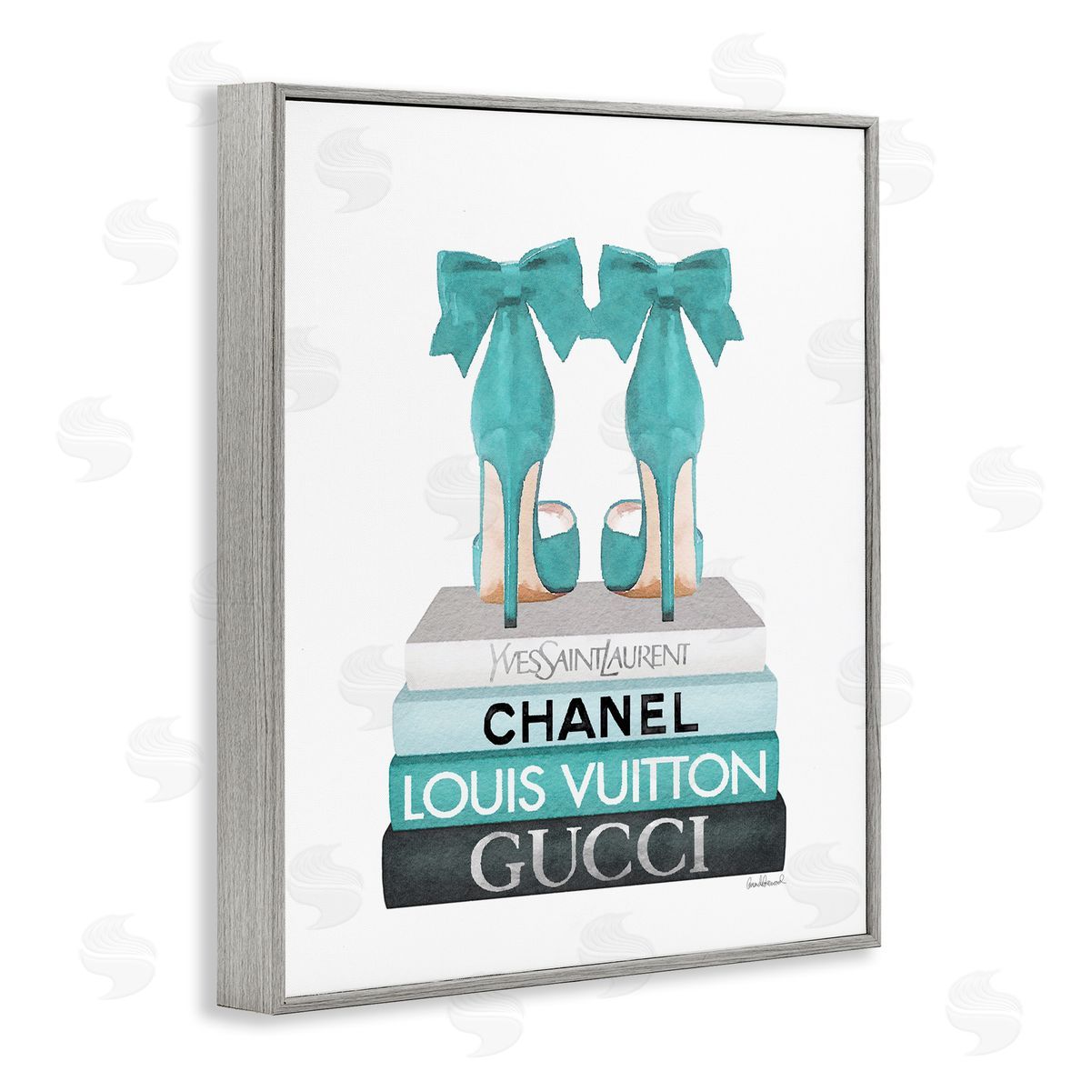 Turquoise Bow Heels on Books Grey Frame Print Wall Art, Home Decor by Amanda Greenwood
