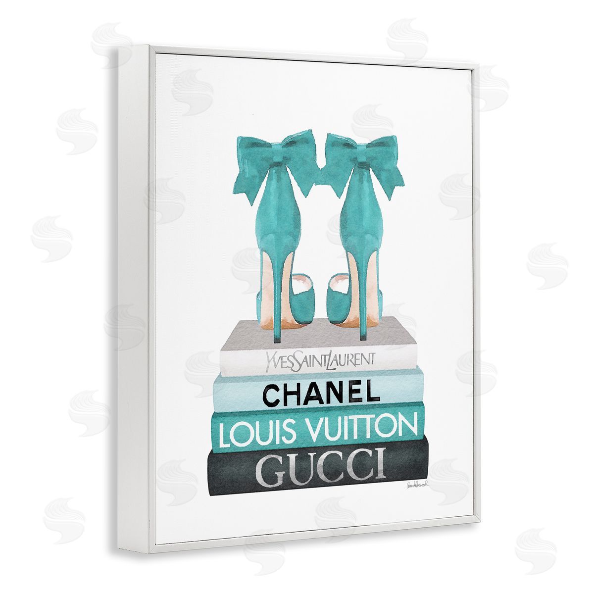 Turquoise Bow Heels on Books White Frame Print Wall Art, Home Decor by Amanda Greenwood