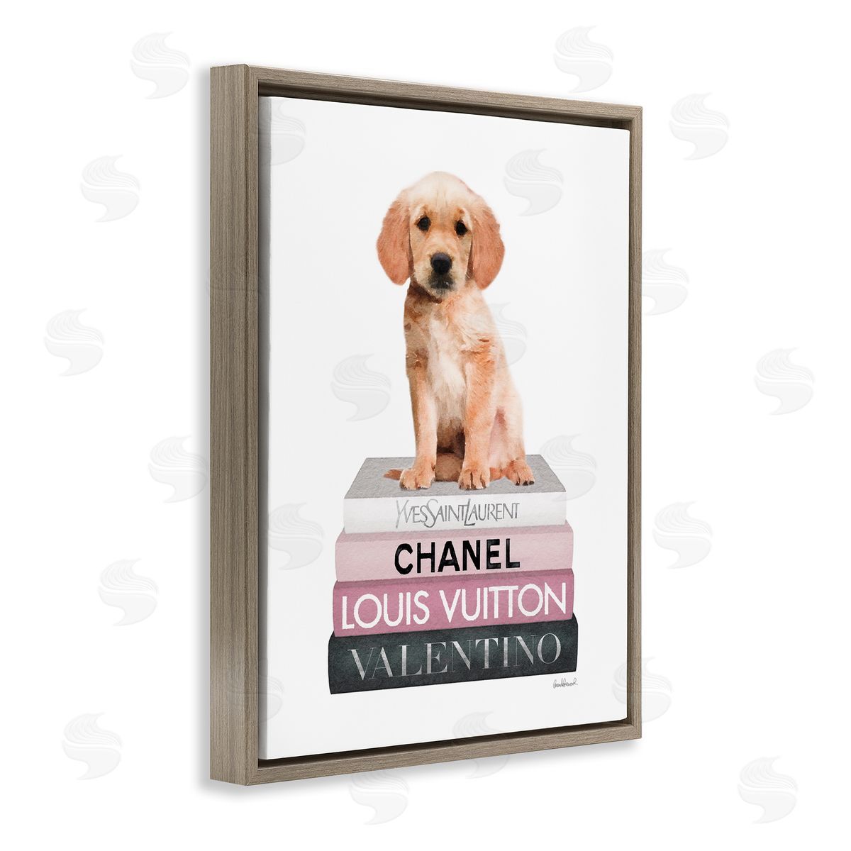 Adorable Puppy on Pink Books Brown Floating Frame Canvas Wall Art, Home Decor by Amanda Greenwood