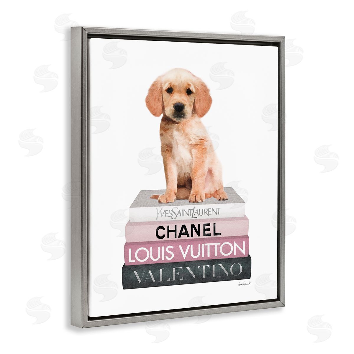 Adorable Puppy on Pink Books Grey Floating Frame Canvas Wall Art, Home Decor by Amanda Greenwood