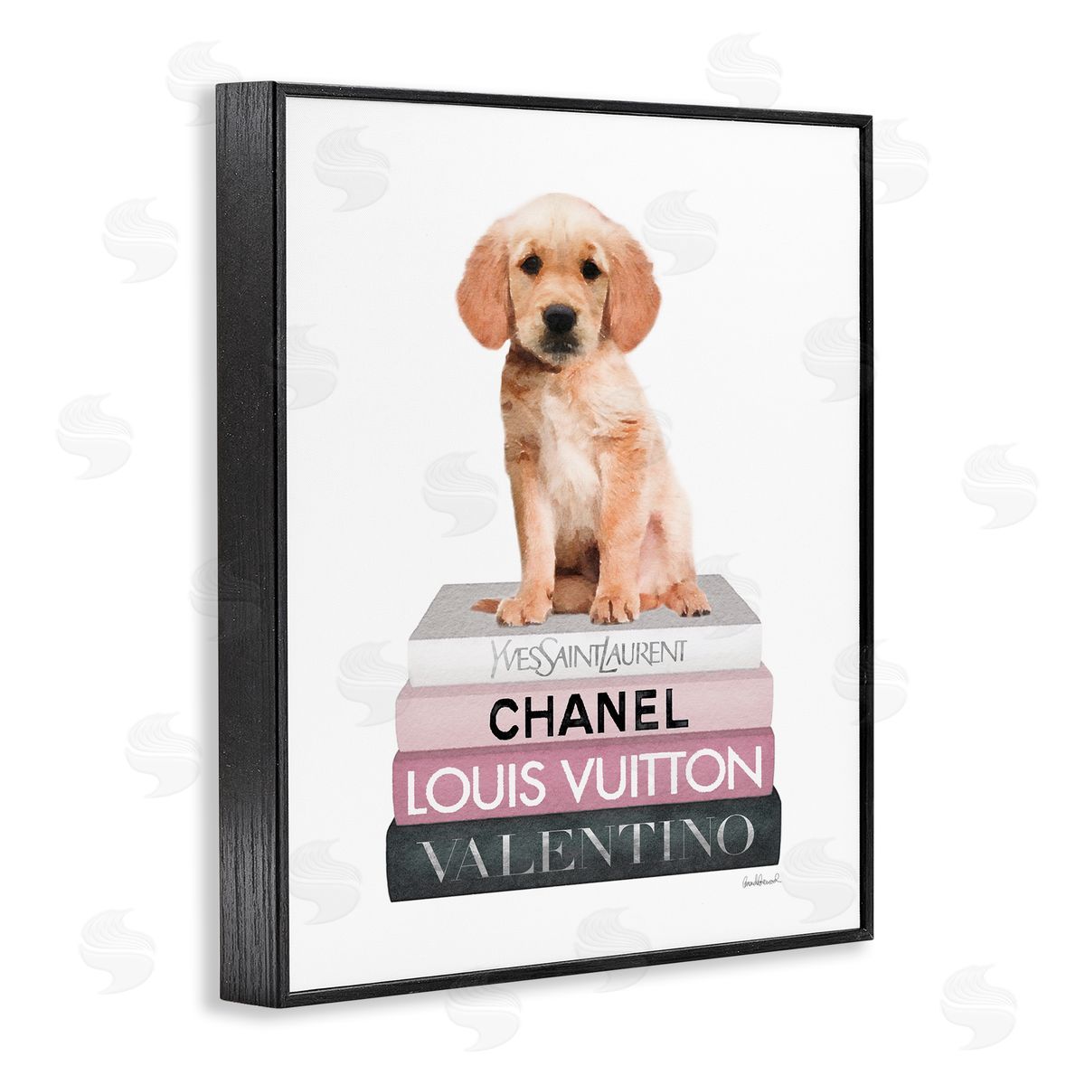 Adorable Puppy on Pink Books Black Frame Print Wall Art, Home Decor by Amanda Greenwood