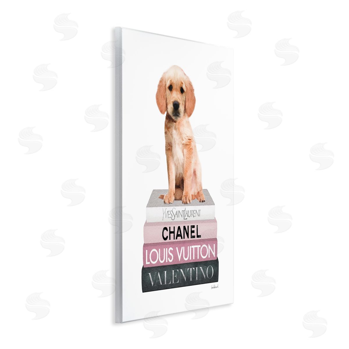 Adorable Puppy on Pink Books Wood Plaque Wall Art, Home Decor by Amanda Greenwood