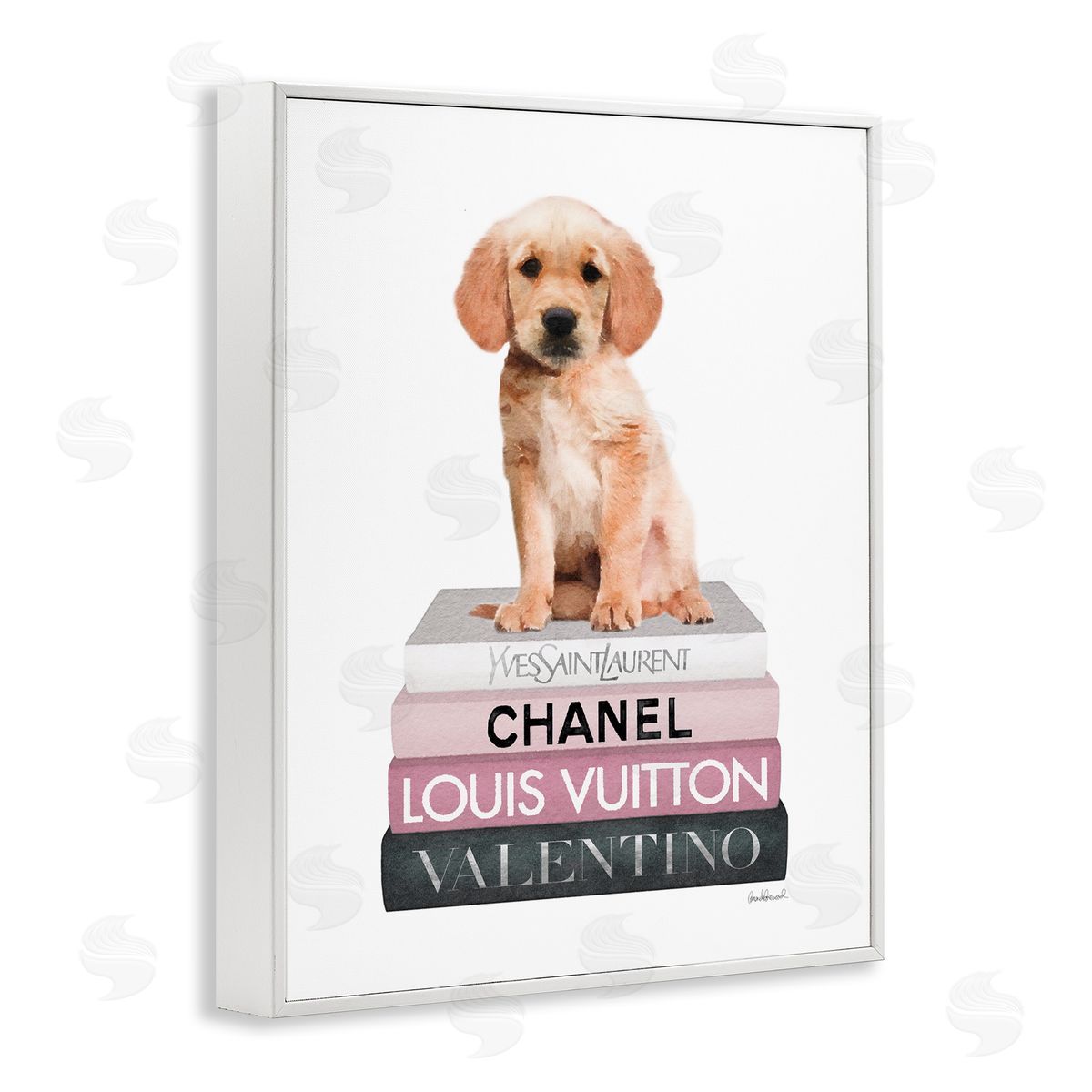 Adorable Puppy on Pink Books White Frame Print Wall Art, Home Decor by Amanda Greenwood