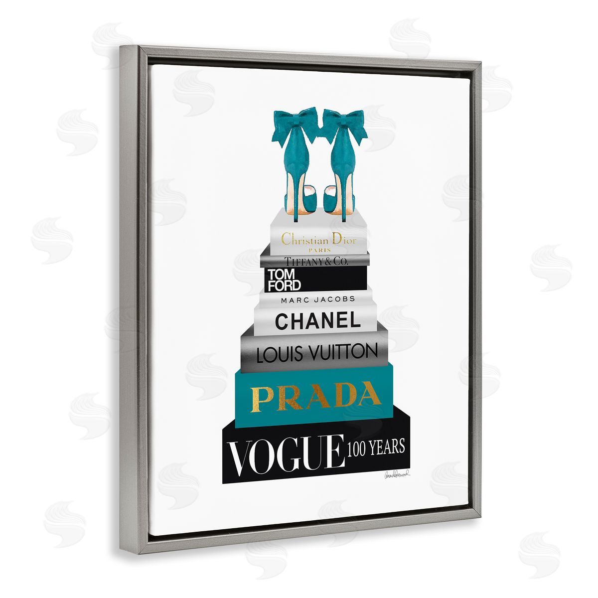 Turquoise Heels on Bookstack Grey Floating Frame Canvas Wall Art, Home Decor by Amanda Greenwood