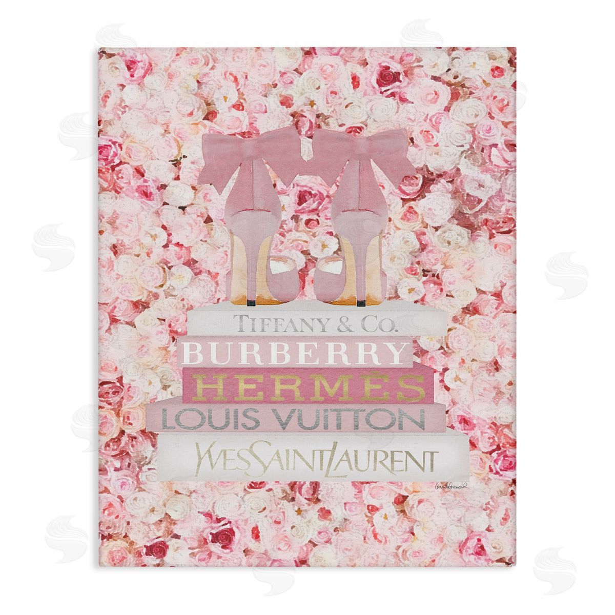 Pink Heel Bookstack over Roses Canvas Wall Art, Home Decor by Amanda Greenwood