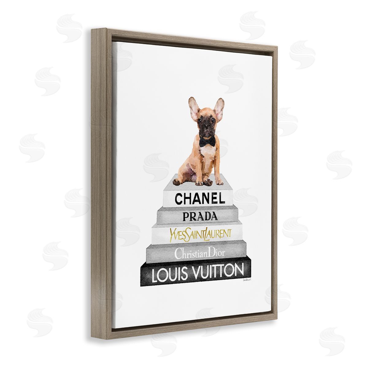 French Bulldog on Grey Bookstack Brown Floating Frame Canvas Wall Art, Home Decor by Amanda Greenwood