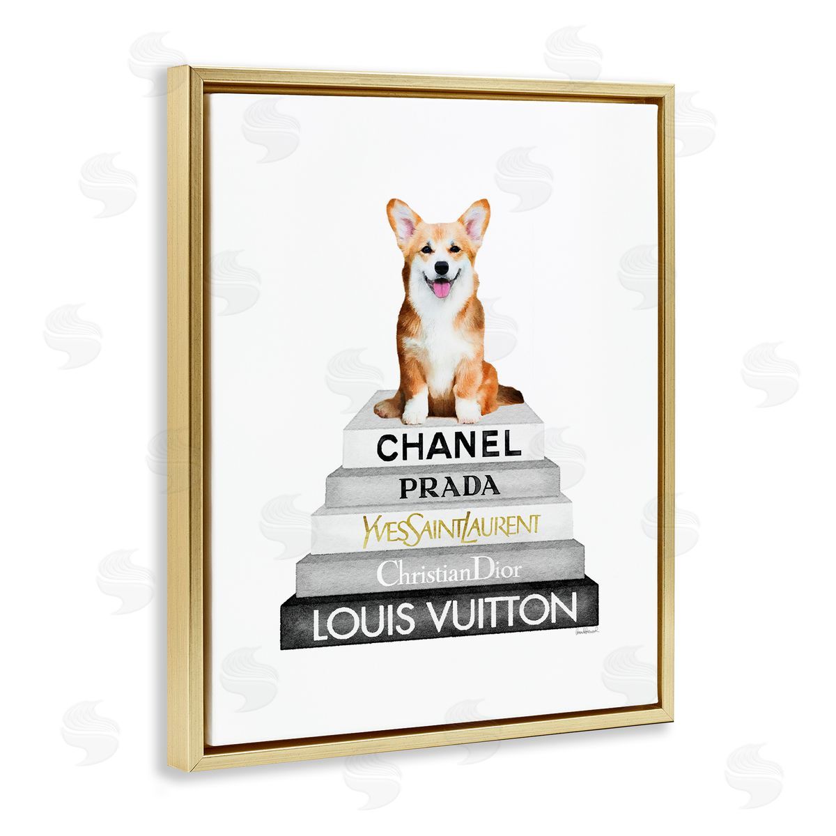 Corgi Dog on Grey Bookstack Gold Floating Frame Canvas Wall Art, Home Decor by Amanda Greenwood