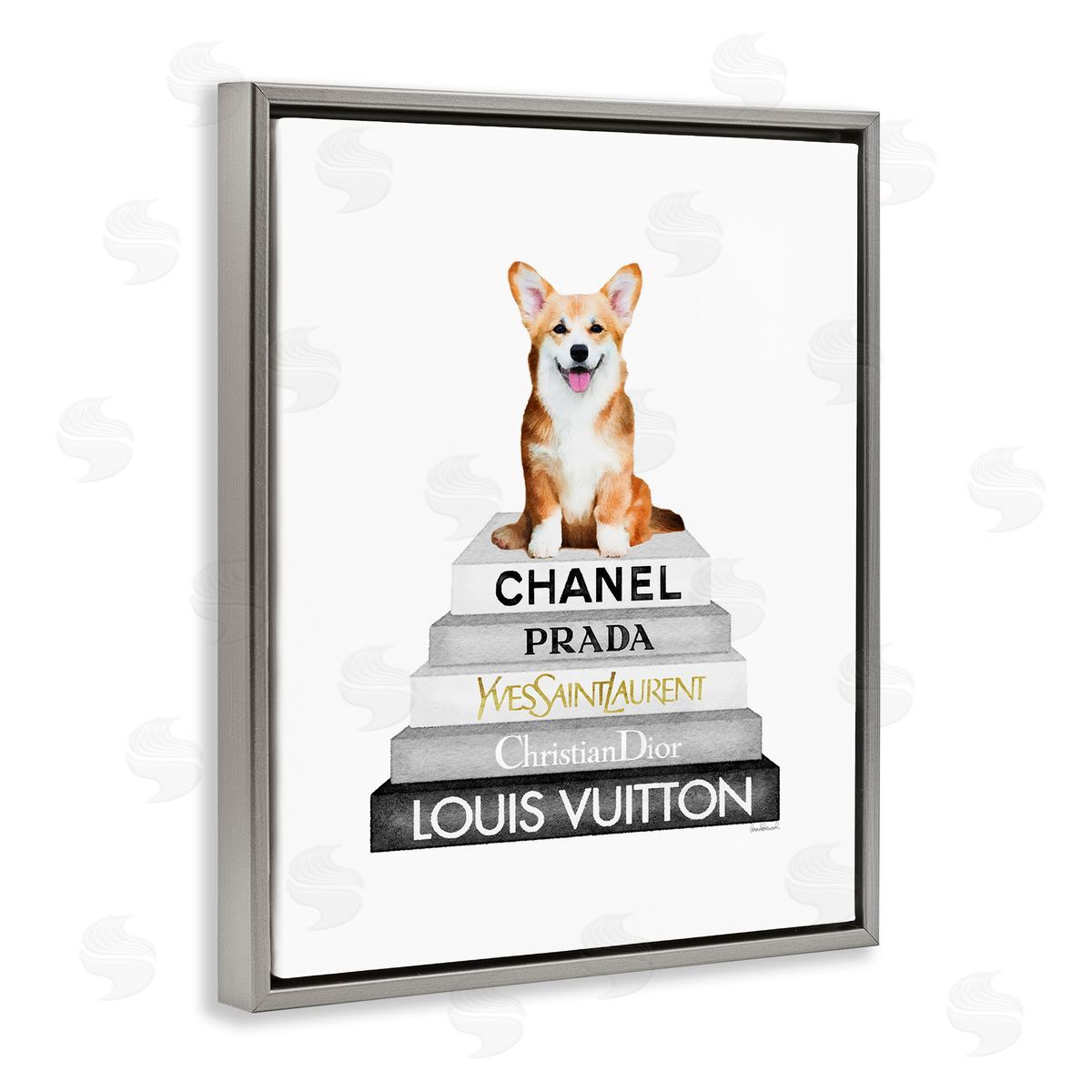 Corgi Dog on Grey Bookstack Grey Floating Frame Canvas Wall Art, Home Decor by Amanda Greenwood