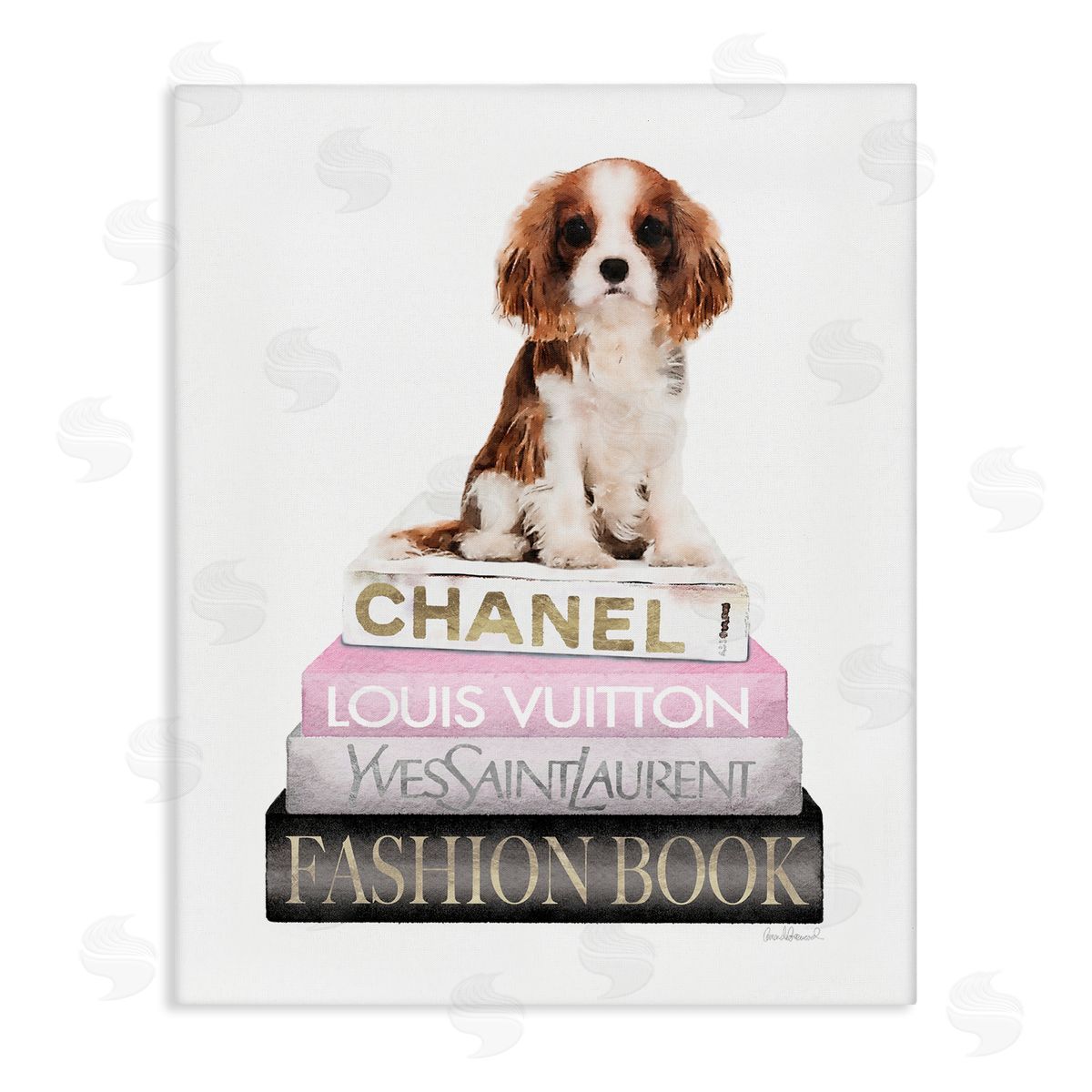 Spaniel Puppy Pink Fashion Bookstack Canvas Wall Art, Home Decor by Amanda Greenwood