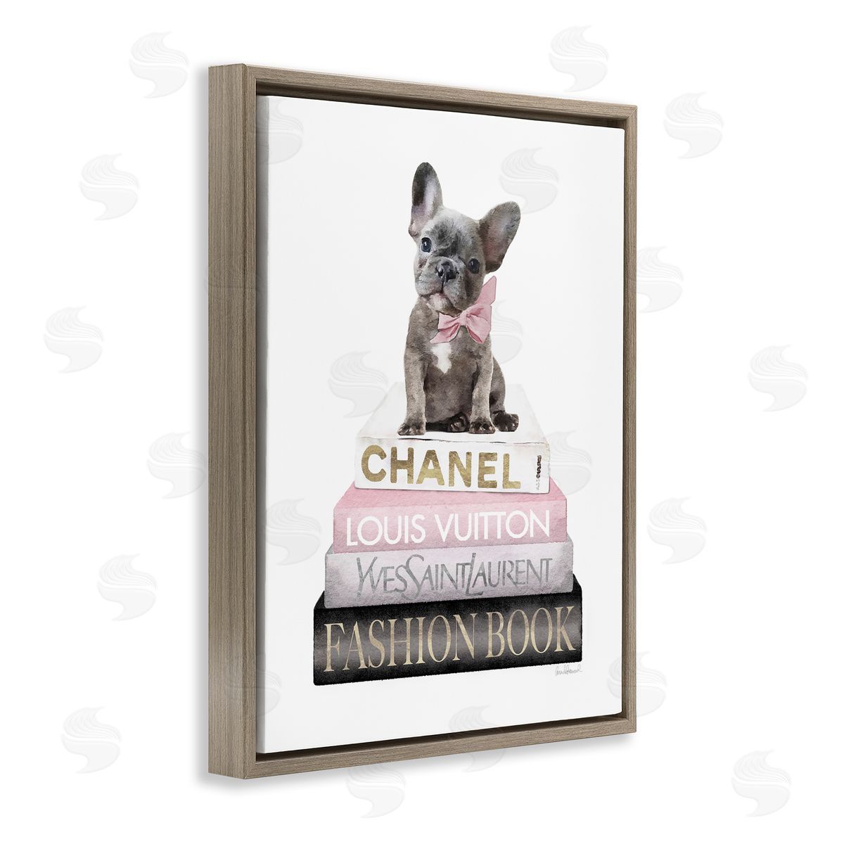 French Bulldog Pink Fashion Books Brown Floating Frame Canvas Wall Art, Home Decor by Amanda Greenwood