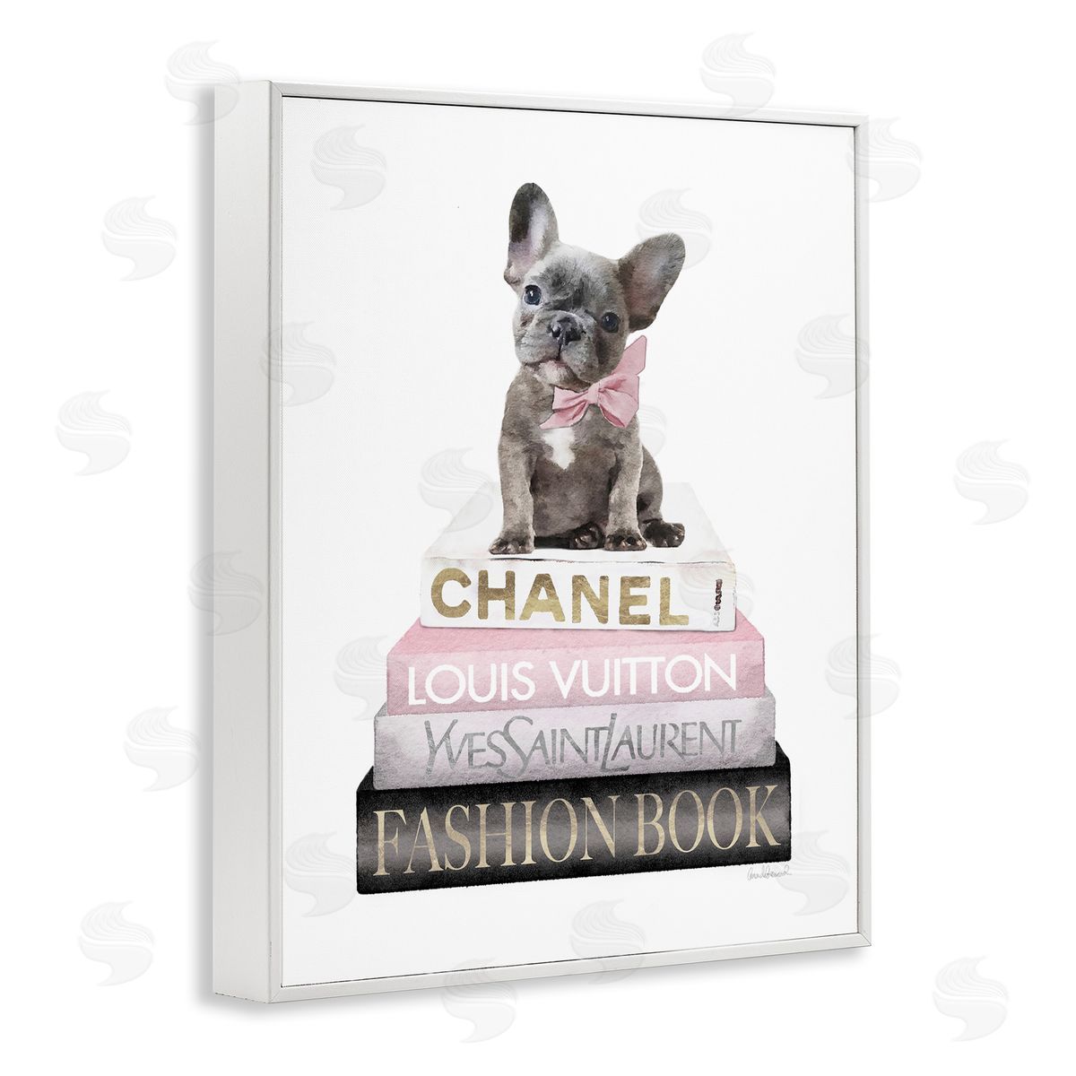 French Bulldog Pink Fashion Books White Frame Print Wall Art, Home Decor by Amanda Greenwood