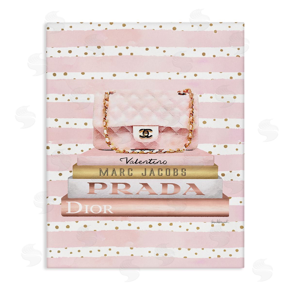 Pink Purse Bookstack over Stripes Canvas Wall Art, Home Decor by Amanda Greenwood
