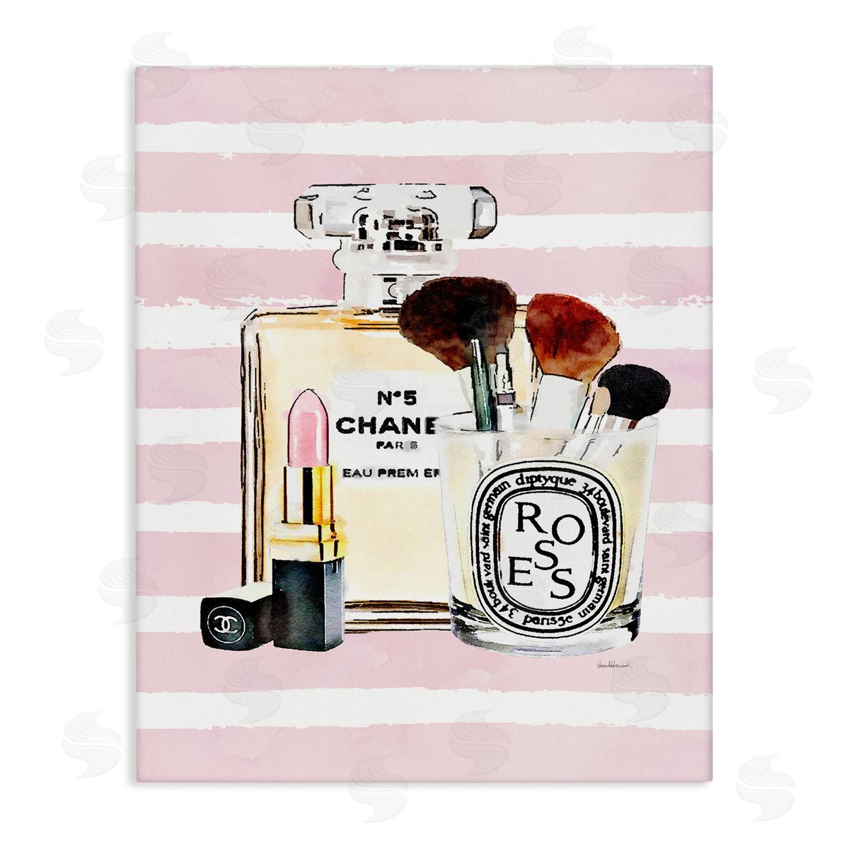 Fashion Cosmetics over Pink Stripes Canvas Wall Art, Home Decor by Amanda Greenwood