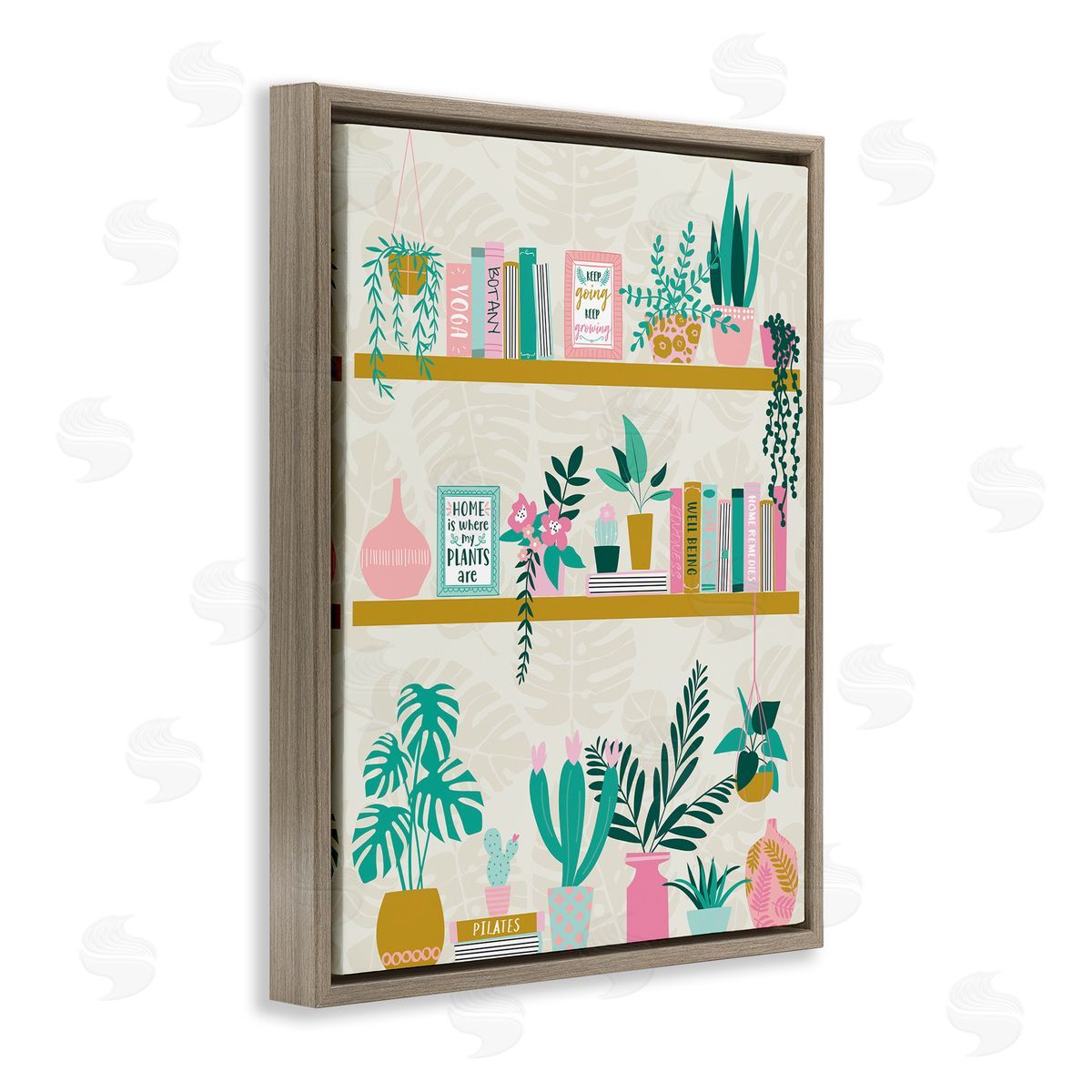 Bookshelf with Chic Plants Brown Floating Frame Canvas Wall Art, Home Decor by Angela Nickeas