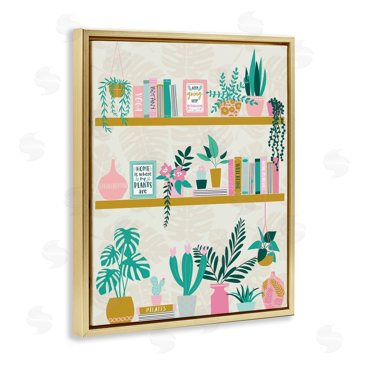 Bookshelf with Chic Plants Gold Floating Frame Canvas Wall Art, Home Decor by Angela Nickeas