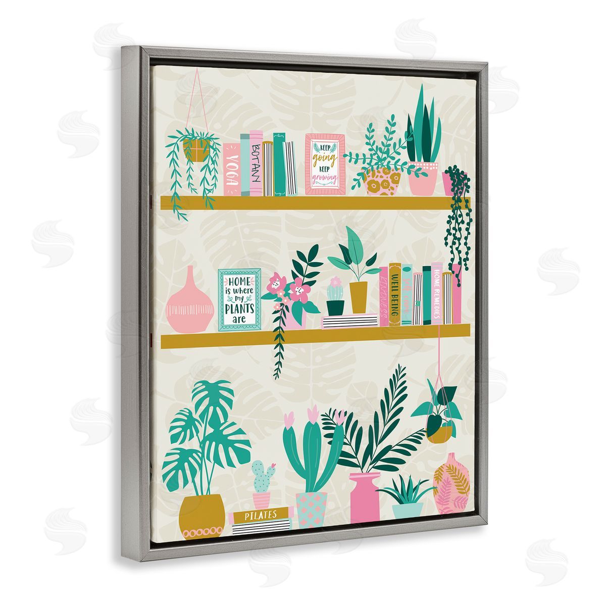 Bookshelf with Chic Plants Grey Floating Frame Canvas Wall Art, Home Decor by Angela Nickeas