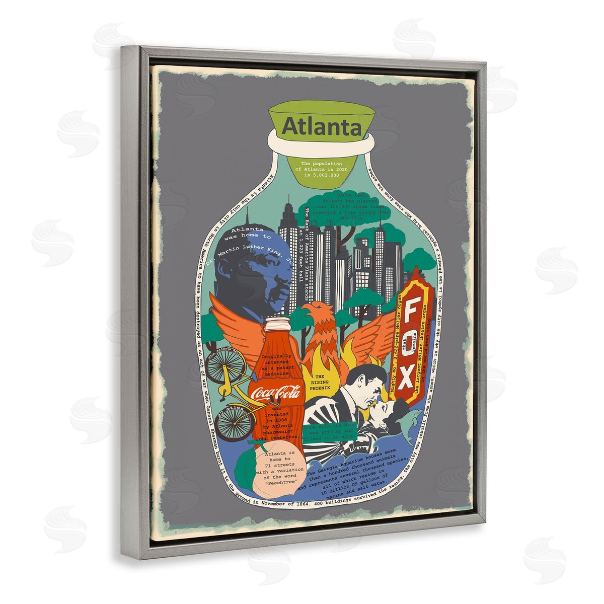 Atlanta Georgia in Vintage Jar Grey Floating Frame Canvas Wall Art, Home Decor by Sangita Bachelet