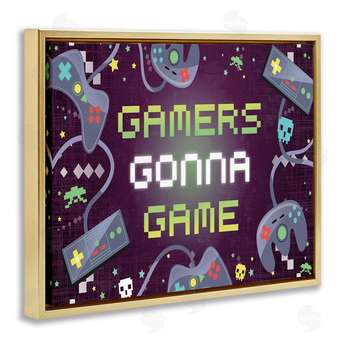 Gamers Gonna Game Controllers Gold Floating Frame Canvas Wall Art, Home Decor by Arrolynn Weiderhold