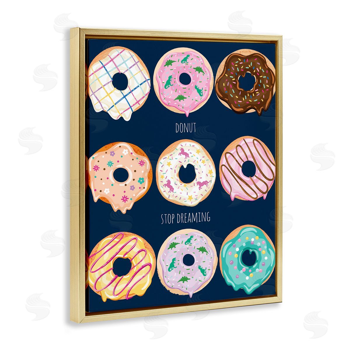 Donut Stop Dreaming Pun Gold Floating Frame Canvas Wall Art, Home Decor by Arrolynn Weiderhold