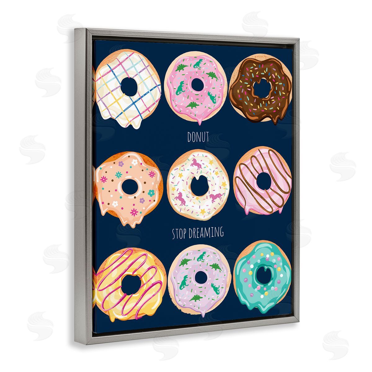 Donut Stop Dreaming Pun Grey Floating Frame Canvas Wall Art, Home Decor by Arrolynn Weiderhold