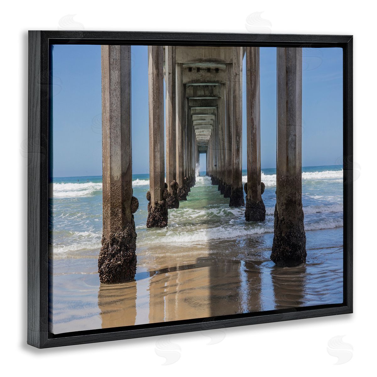 Beach Coast under Wharf Pillars Black Floating Frame Canvas Wall Art, Home Decor by Barbara Markoff