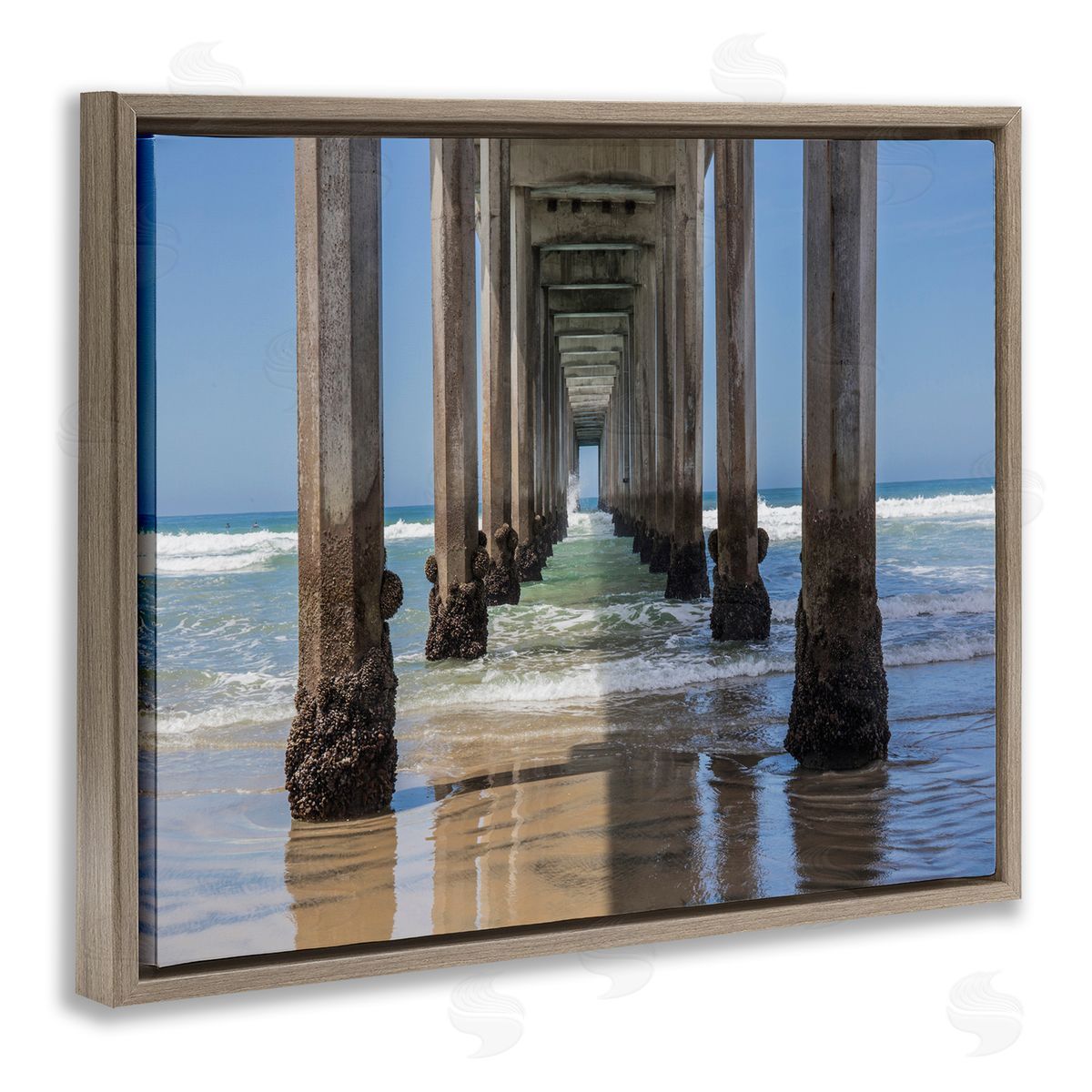 Beach Coast under Wharf Pillars Brown Floating Frame Canvas Wall Art, Home Decor by Barbara Markoff