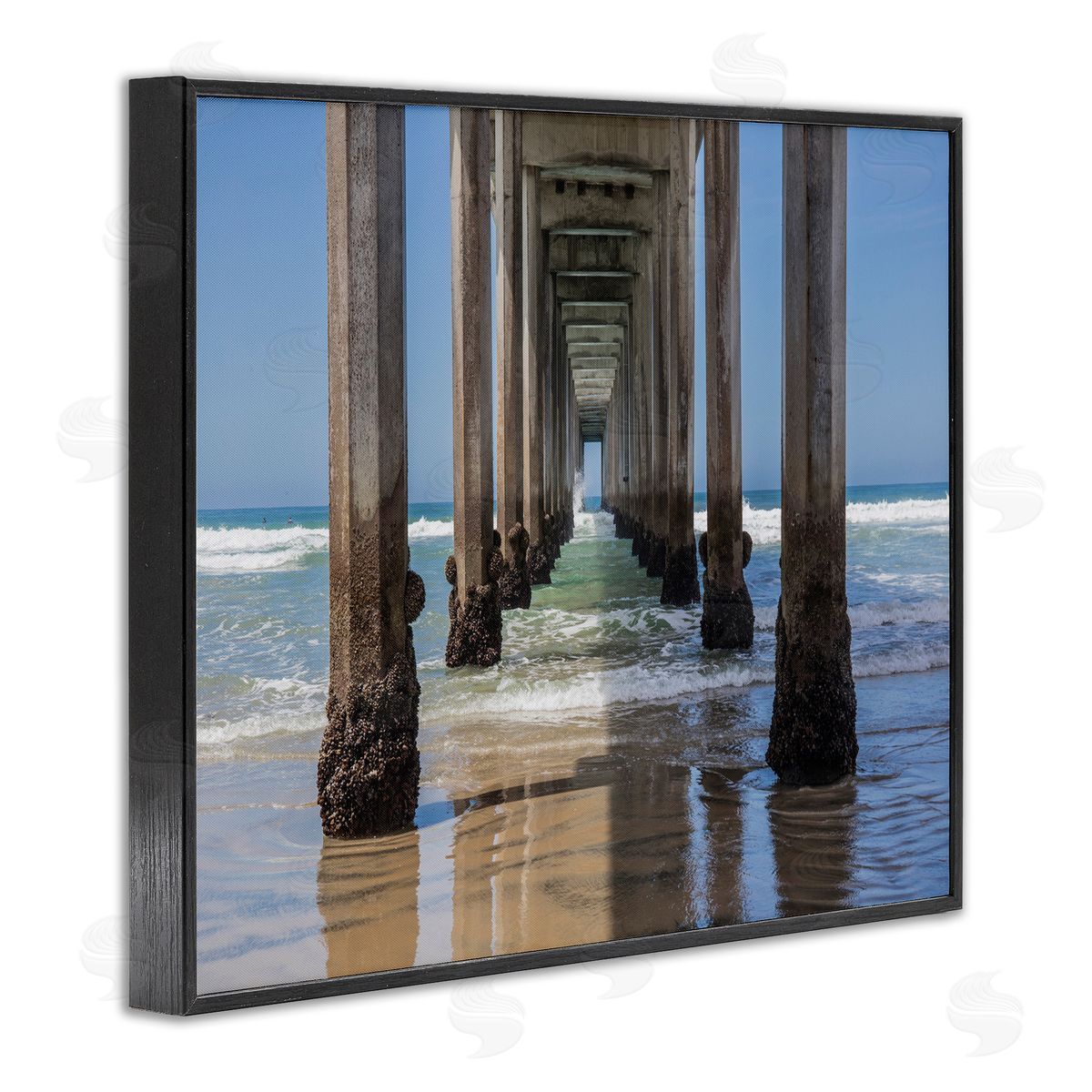 Beach Coast under Wharf Pillars Black Frame Print Wall Art, Home Decor by Barbara Markoff