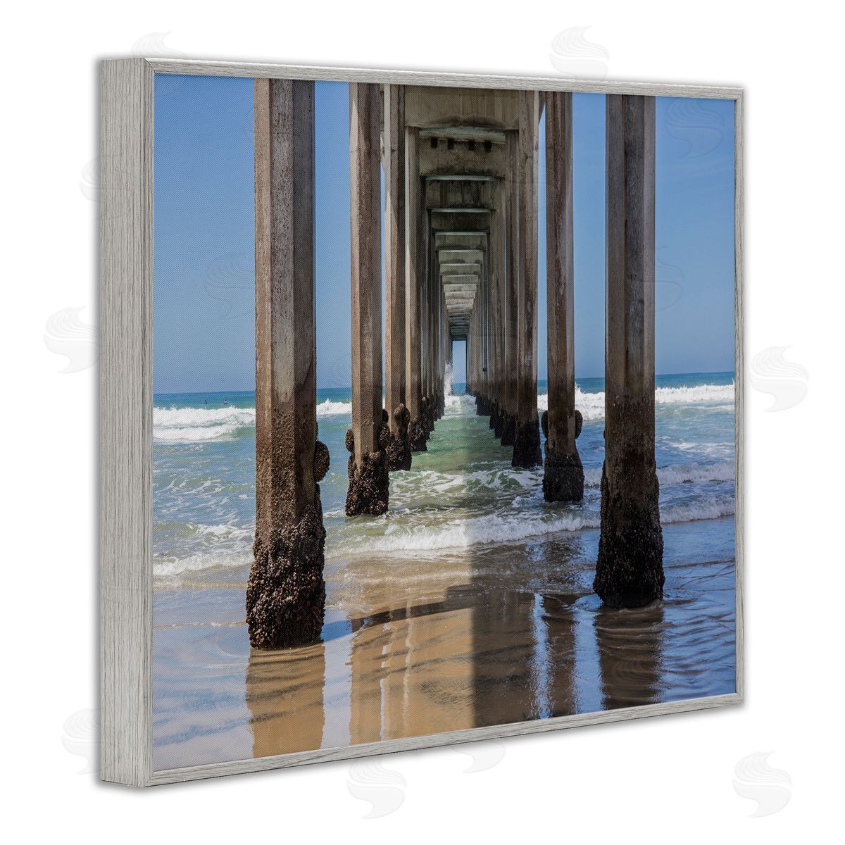 Beach Coast under Wharf Pillars Grey Frame Print Wall Art, Home Decor by Barbara Markoff