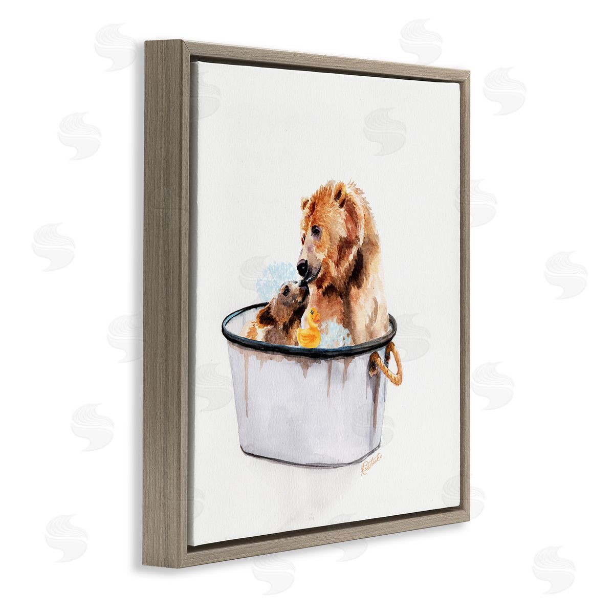 Bear and Cub in Bathtub Brown Floating Frame Canvas Wall Art, Home Decor by Jennifer Redstreake