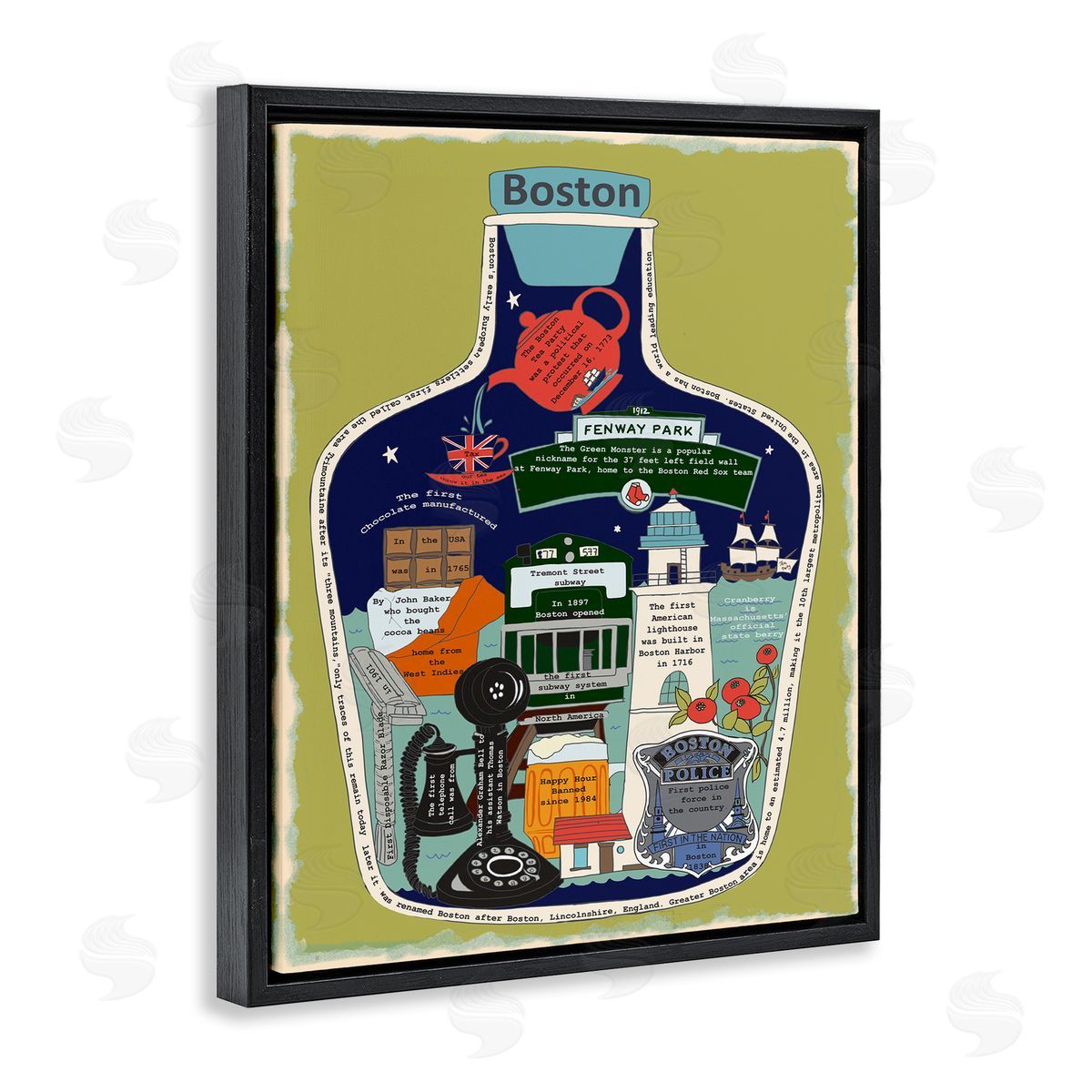 Boston Mass in Vintage Jar Black Floating Frame Canvas Wall Art, Home Decor by Sangita Bachelet