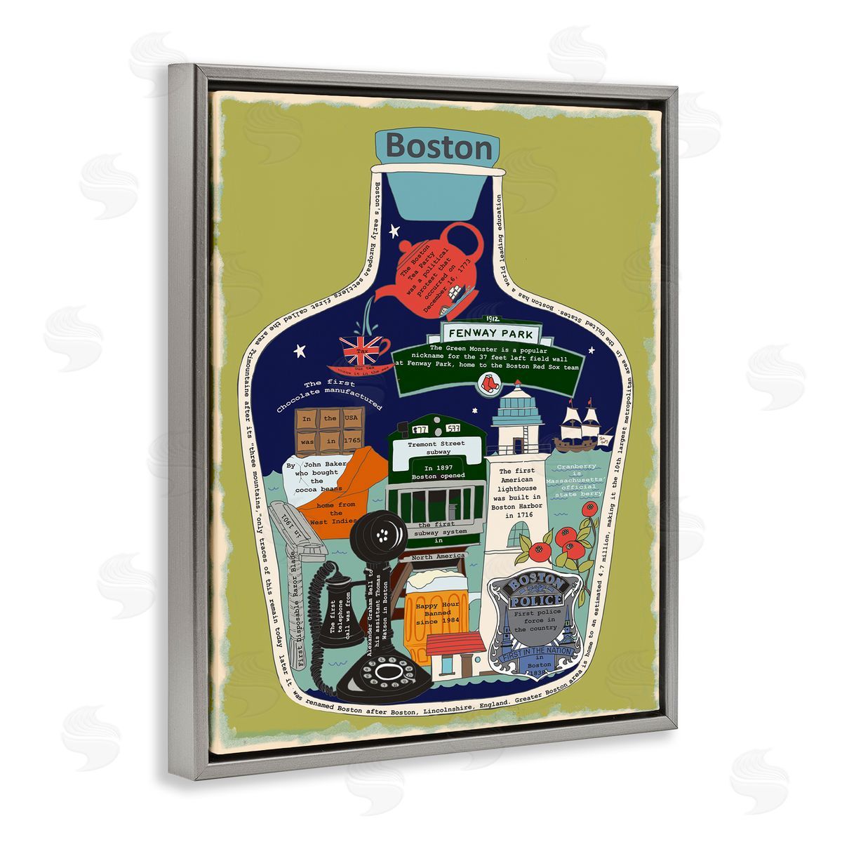 Boston Mass in Vintage Jar Grey Floating Frame Canvas Wall Art, Home Decor by Sangita Bachelet