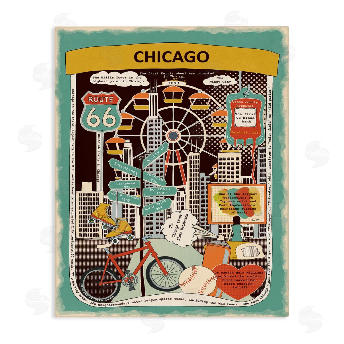Vintage Chicago Illinois Facts Canvas Wall Art, Home Decor by Sangita Bachelet