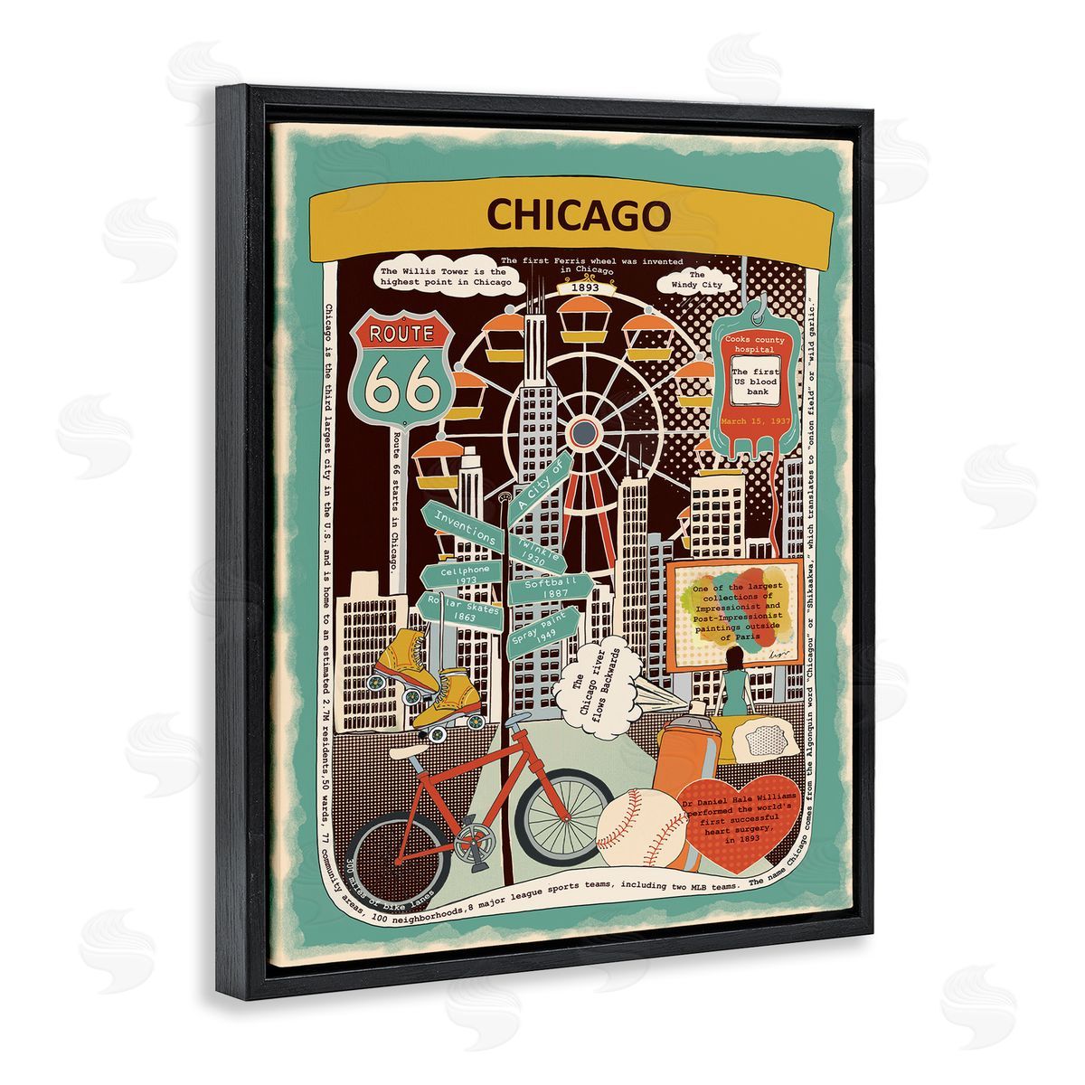 Vintage Chicago Illinois Facts Black Floating Frame Canvas Wall Art, Home Decor by Sangita Bachelet