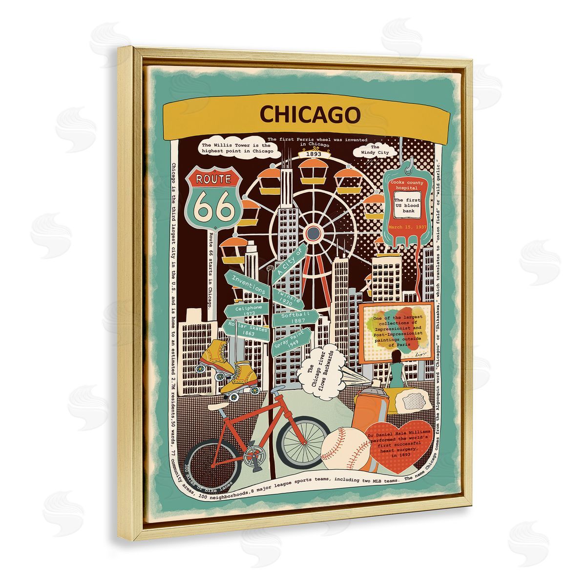 Vintage Chicago Illinois Facts Gold Floating Frame Canvas Wall Art, Home Decor by Sangita Bachelet