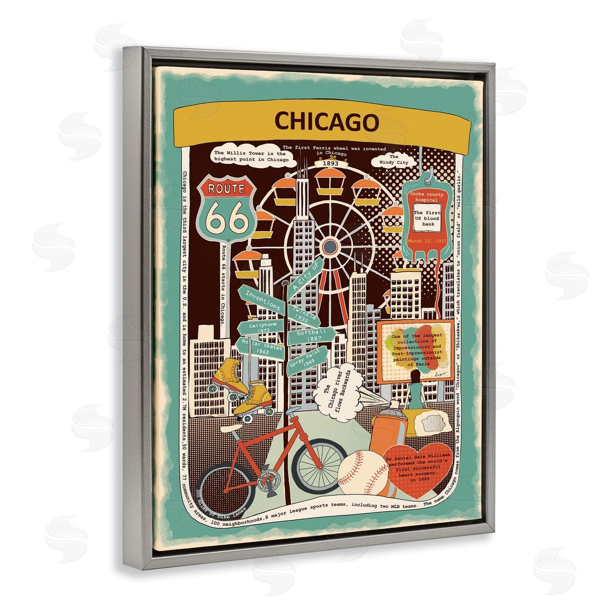Vintage Chicago Illinois Facts Grey Floating Frame Canvas Wall Art, Home Decor by Sangita Bachelet
