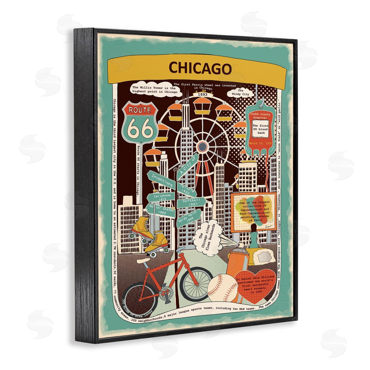 Vintage Chicago Illinois Facts Black Frame Print Wall Art, Home Decor by Sangita Bachelet