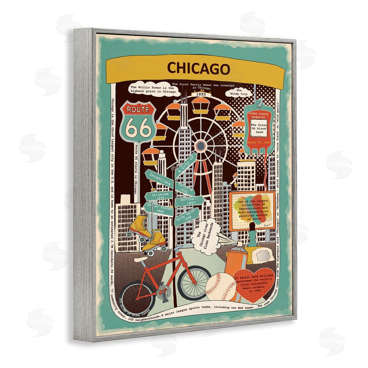 Vintage Chicago Illinois Facts Grey Frame Print Wall Art, Home Decor by Sangita Bachelet