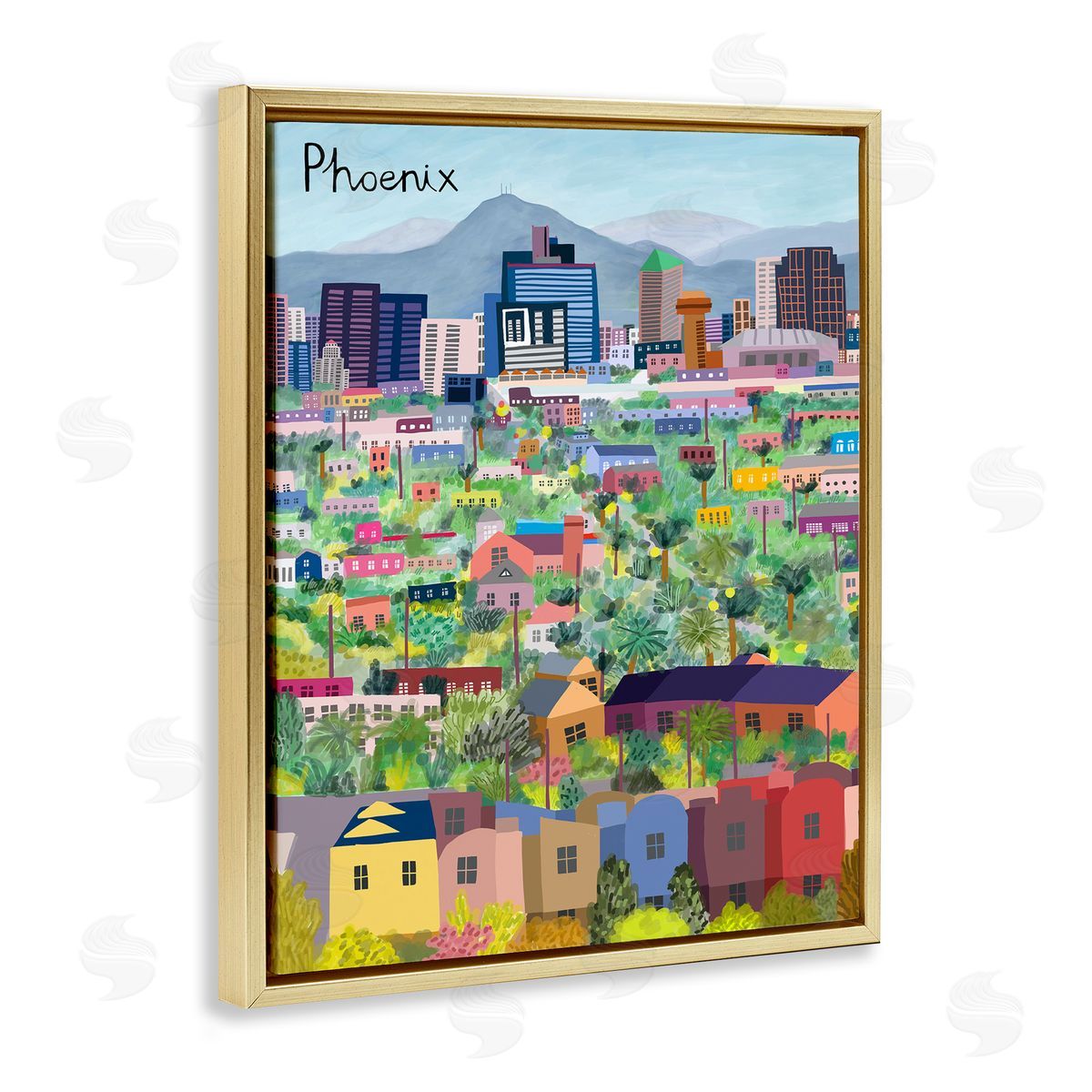 Colorful Phoenix Arizona Skyline Gold Floating Frame Canvas Wall Art, Home Decor by Carla Daly
