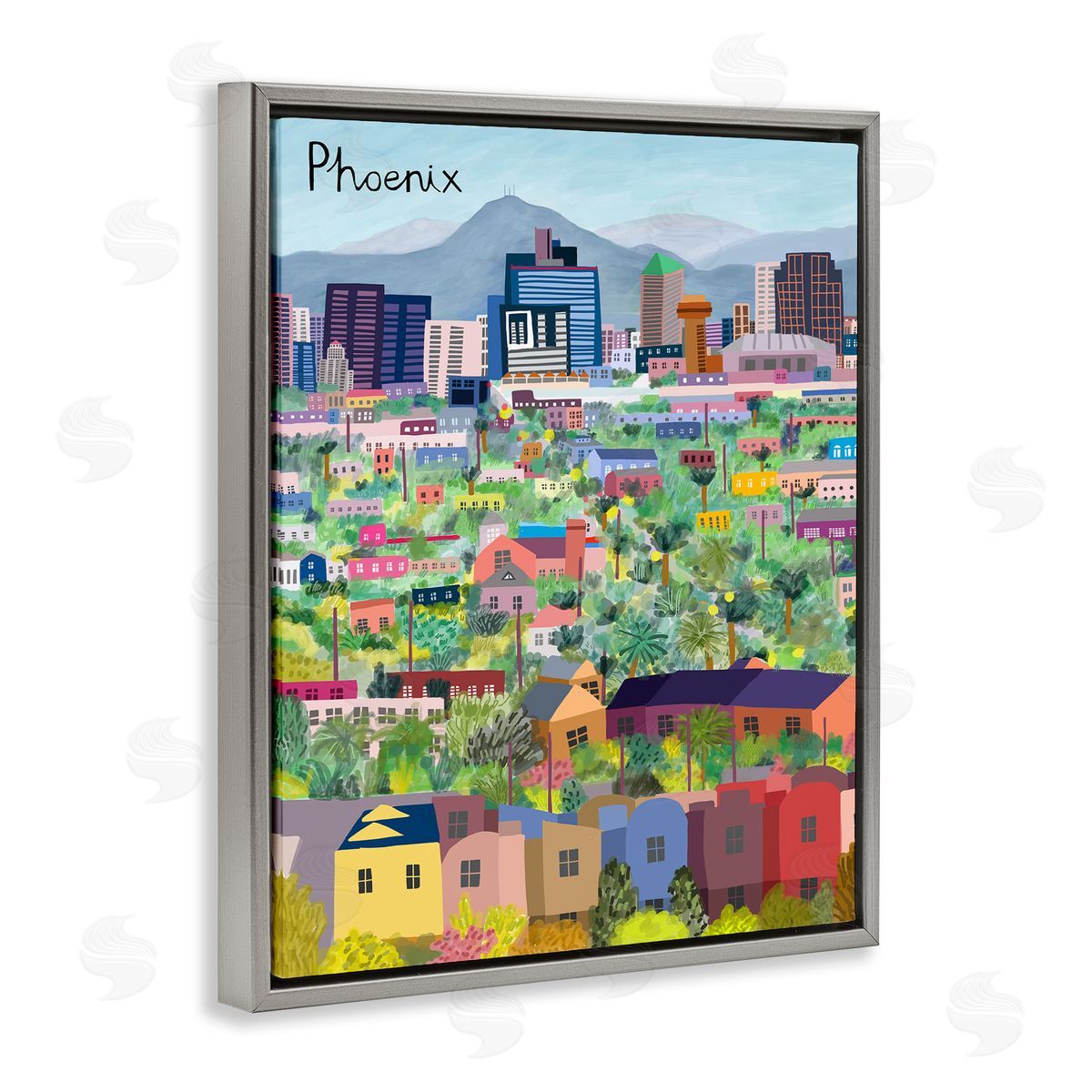 Colorful Phoenix Arizona Skyline Grey Floating Frame Canvas Wall Art, Home Decor by Carla Daly