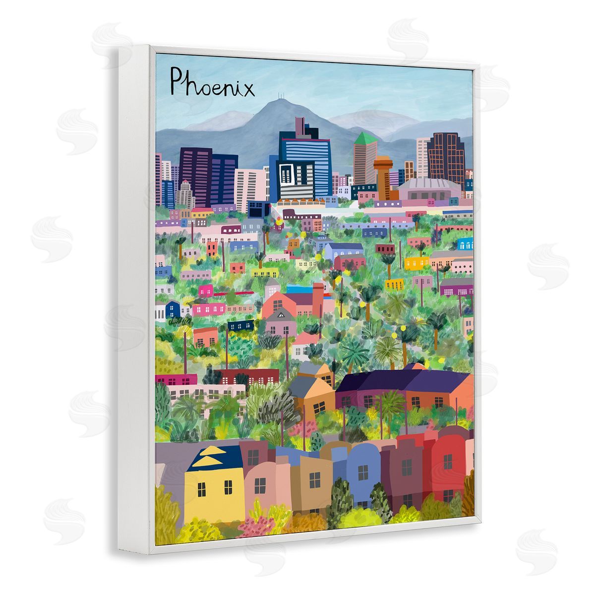 Colorful Phoenix Arizona Skyline White Frame Print Wall Art, Home Decor by Carla Daly