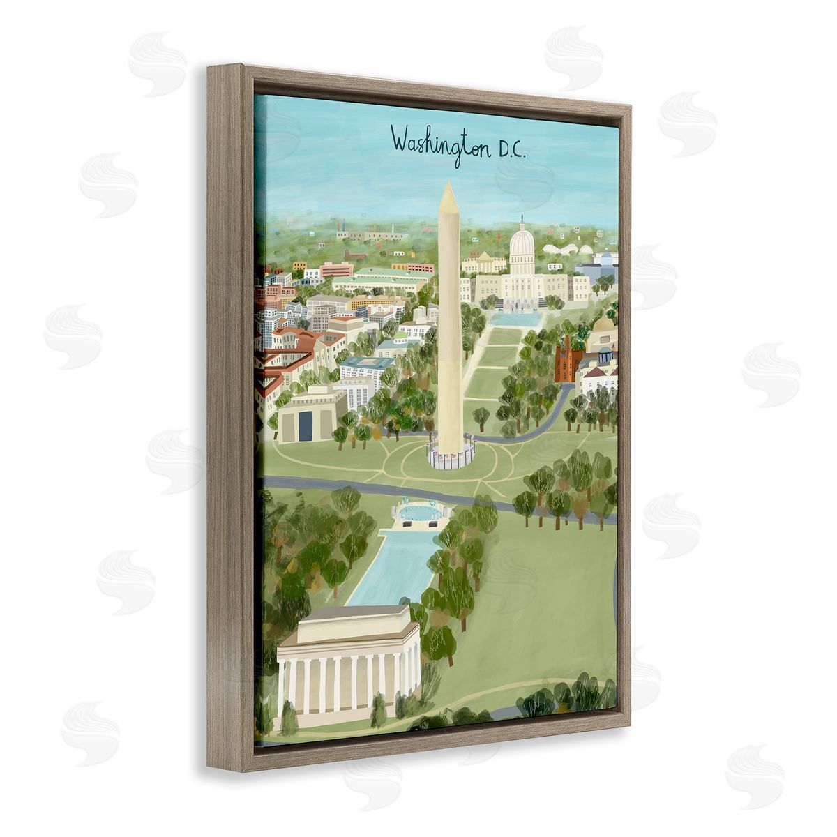 Colorful Washington D.C. Illustration Brown Floating Frame Canvas Wall Art, Home Decor by Carla Daly