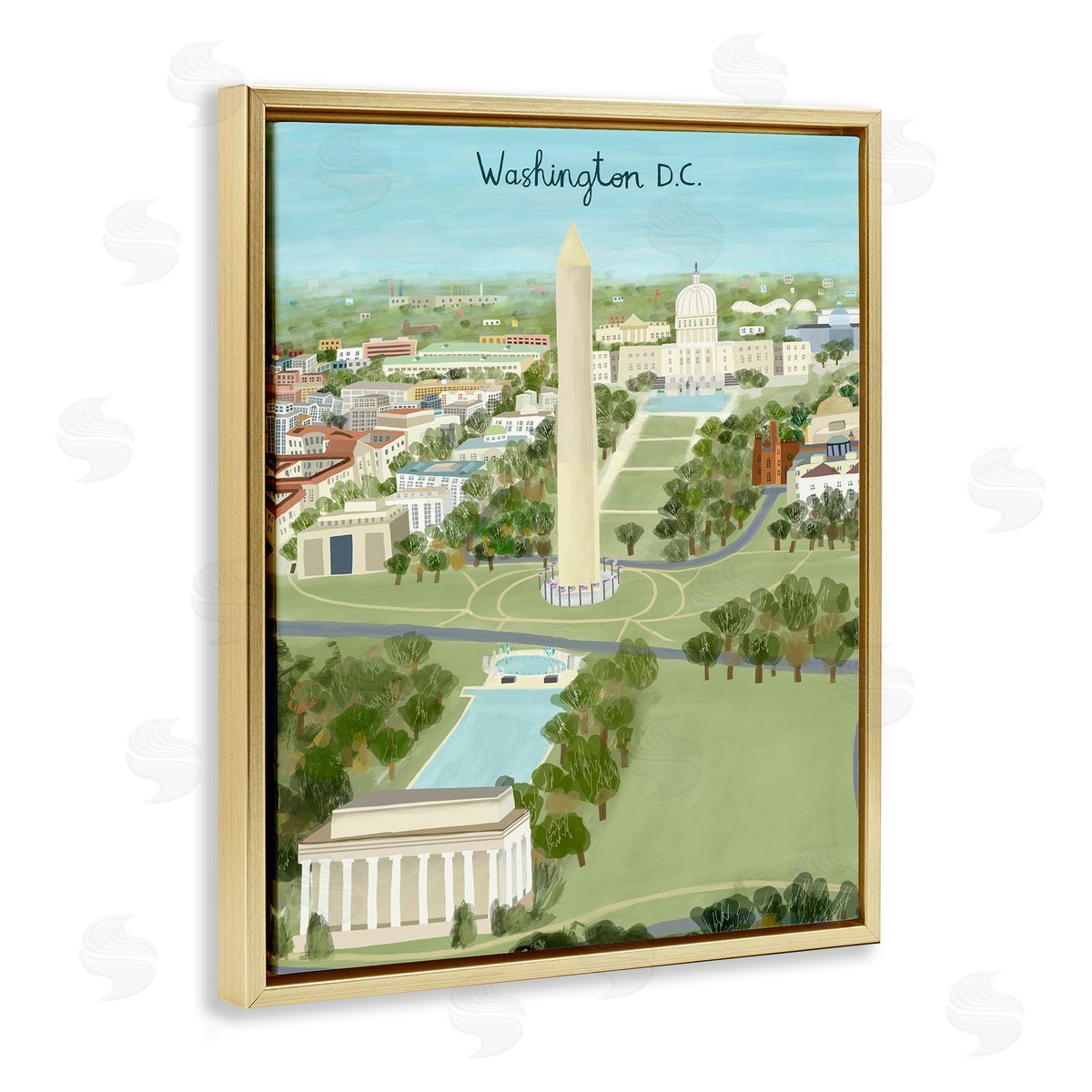 Colorful Washington D.C. Illustration Gold Floating Frame Canvas Wall Art, Home Decor by Carla Daly