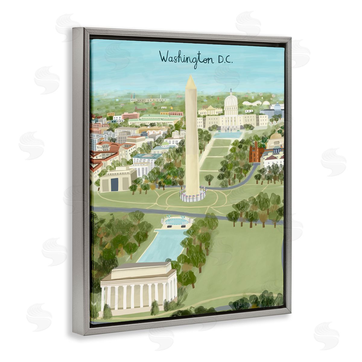 Colorful Washington D.C. Illustration Grey Floating Frame Canvas Wall Art, Home Decor by Carla Daly