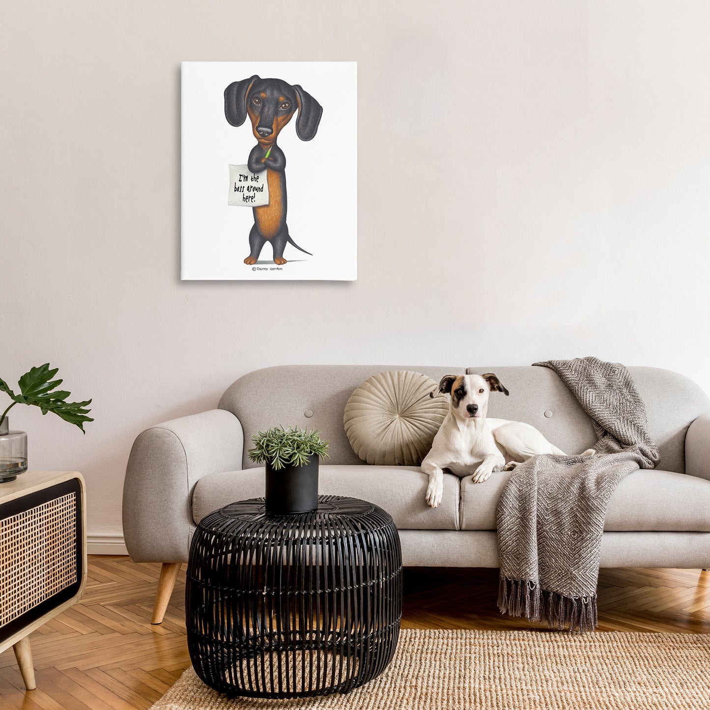 Funny Dachshund Boss Canvas Wall Art in Room, Home Decor by Danny Gordan