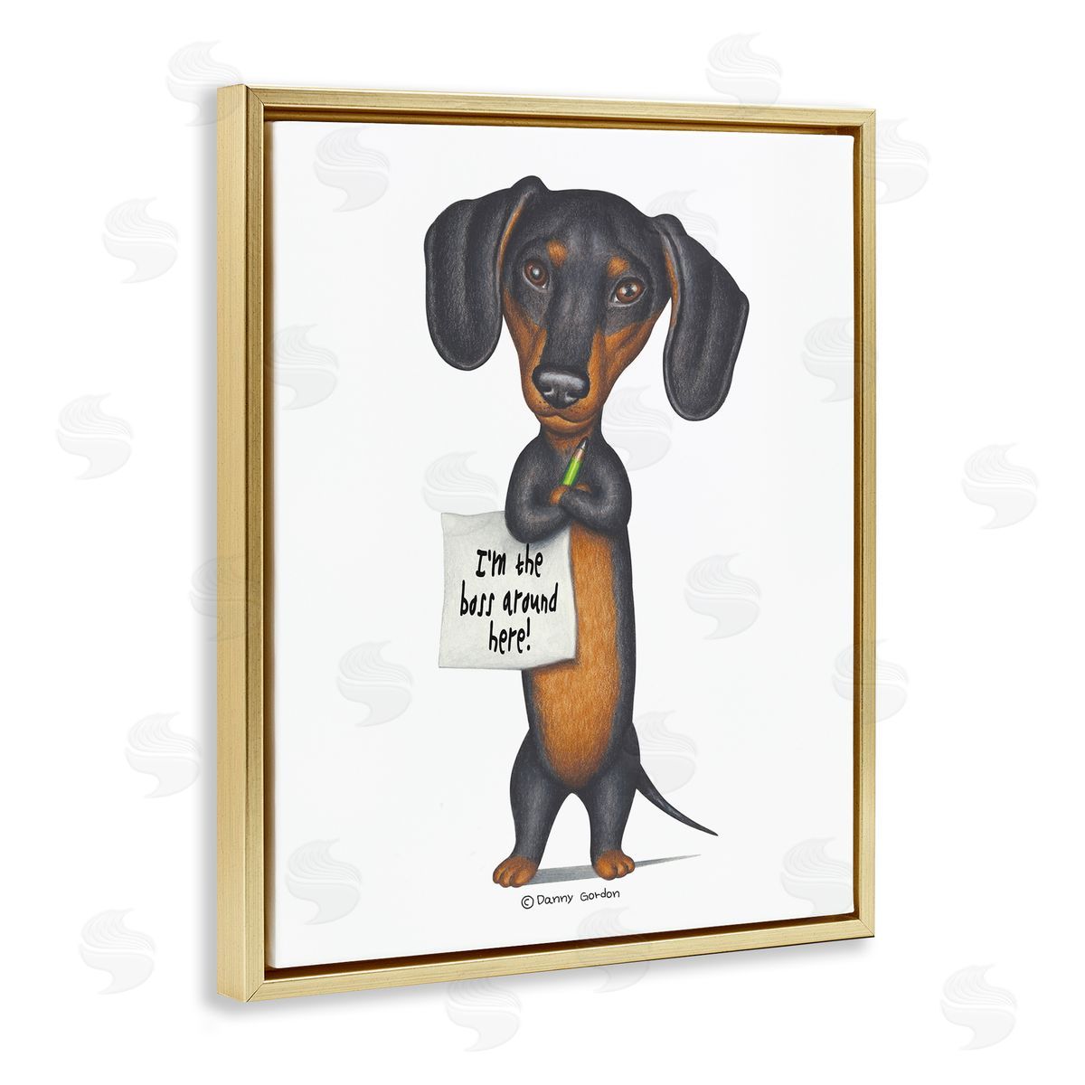 Funny Dachshund Boss Gold Floating Frame Canvas Wall Art, Home Decor by Danny Gordan
