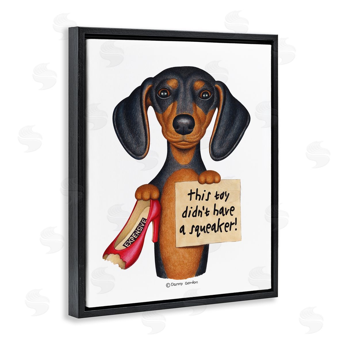 Dachshund Chewed Shoe Joke Black Floating Frame Canvas Wall Art, Home Decor by Danny Gordan