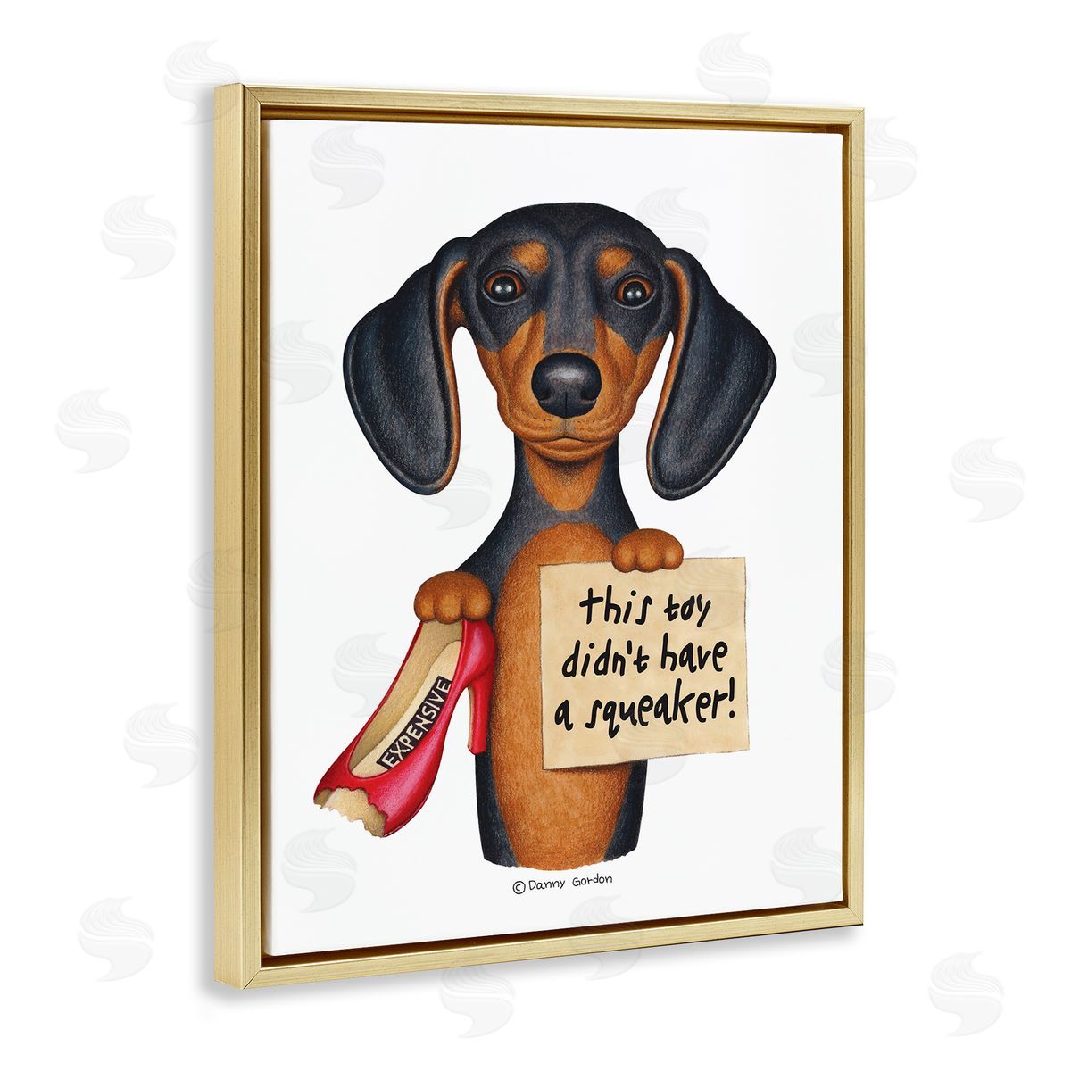 Dachshund Chewed Shoe Joke Gold Floating Frame Canvas Wall Art, Home Decor by Danny Gordan